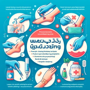 تصویر نشان‌دهنده راهکارهای نظافت و بهداشت برای پیشگیری از عمیق شدن زخم شامل تکنیک‌های تمیز کردن، استفاده از ضدعفونی کننده‌ها، باند کردن و حفظ تمیزی است.