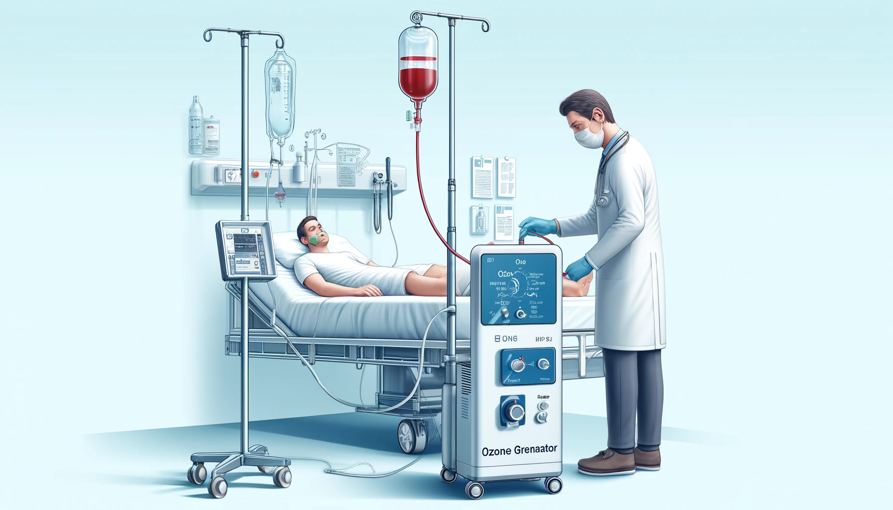 یک پزشک در حال انجام هموتراپی با گاز ازون برای یک بیمار در یک محیط پزشکی. بیمار روی تخت بیمارستان خوابیده و یک خط تزریق (IV) به یک دستگاه تولید ازون متصل است.