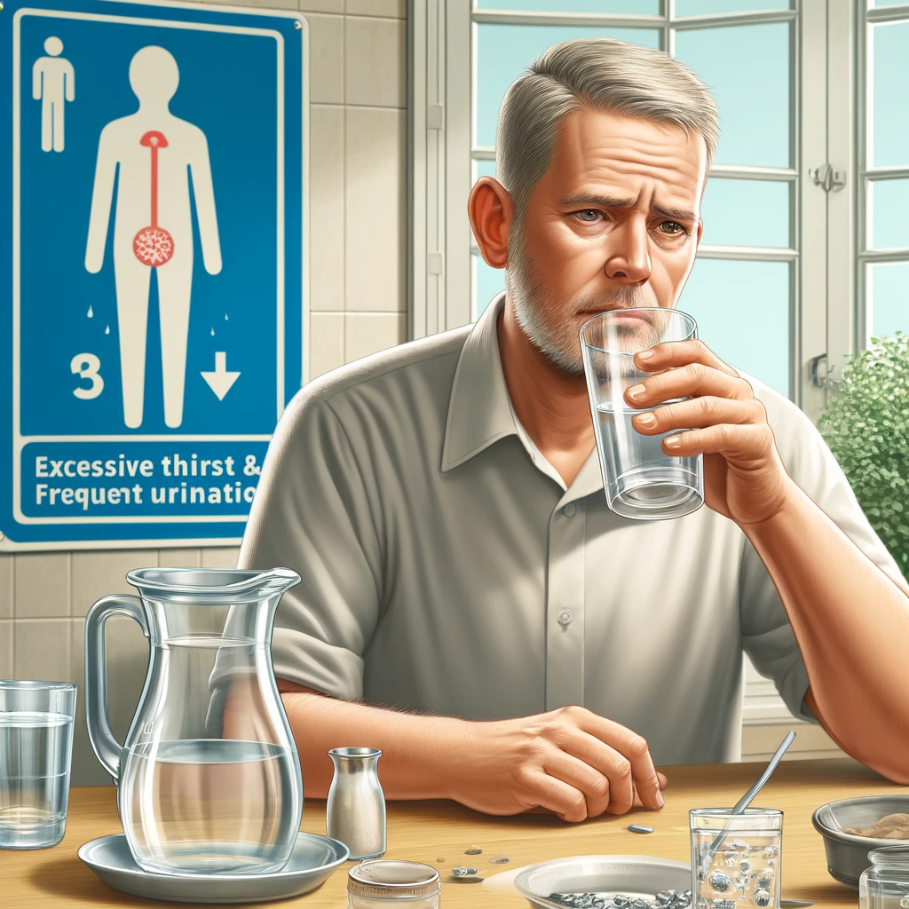 تصویر یک مرد میانسال قفقازی در حال تجربه علائم دیابت بی‌مزه. او در یک محیط خانگی در حال نوشیدن آب و خسته به نظر می‌رسد. در کنار او، یک پارچ خالی و علامت دستشویی دیده می‌شود.