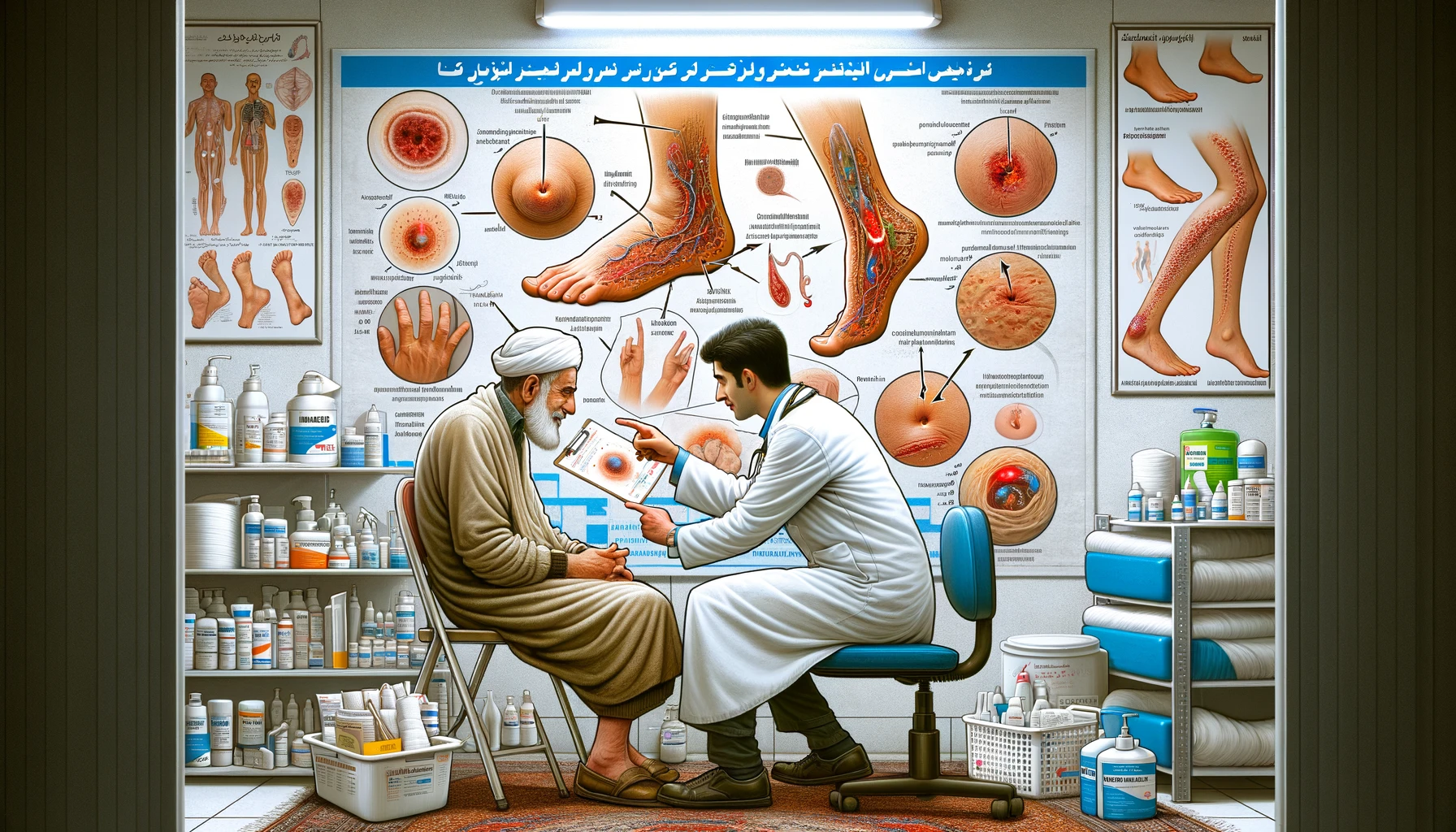 یک پزشک در کلینیک زخم پاشنه، تهران، در حال نشان دادن نمودارهای عفونت‌های معمول زخم به یک بیمار است و نحوه درمان آن‌ها را توضیح می‌دهد. پزشک بر مراحل مهم مراقبت از زخم، مانند تمیز کردن، استفاده از ضدعفونی‌کننده‌ها، و پانسمان استریل، تأکید می‌کند.