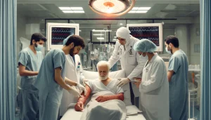 صحنه‌ای در یک کلینیک پیشرفته درمان زخم در تهران که ارتباط نزدیک بین تیم پزشکی و یک بیمار را نشان می‌دهد.