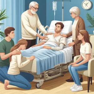 تصویر بیمار در بیمارستان را نشان می‌دهد که توسط خانواده‌اش احاطه شده و این اعضای خانواده در حال ارائه حمایت عاطفی به بیمار هستند.