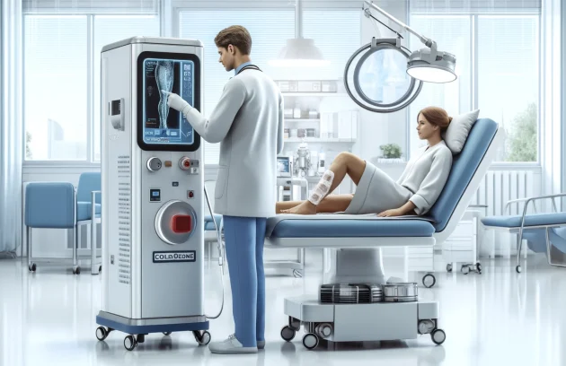 یک کلینیک زخم مدرن با یک متخصص پزشکی که در حال درمان یک بیمار با دستگاه پلاسما اوزون و اوزون سرد است. فضای کلینیک با تجهیزات پزشکی پیشرفته و تخصصی طراحی شده است.