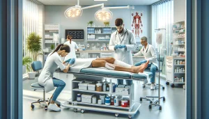 یک کلینیک مدرن برای درمان زخم‌های عفونی، با محیطی تمیز و استریل. در این تصویر، کارکنان پزشکی حرفه‌ای مشغول درمان و پانسمان زخم پای یک بیمار هستند.