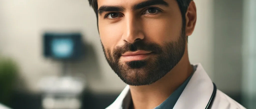 این تصویر یک مرد میانسال ایرانی را در محیط یک کلینیک نشان می‌دهد. او لباس پزشکی پوشیده و نام کلینیک روی کارت شناسایی او نوشته شده است.
