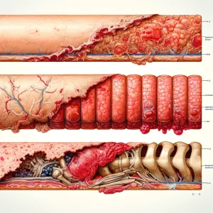 این تصویر پزشکی دقیق انواع مختلف زخم‌های سوختگی را نشان می‌دهد. تصویر شامل: سوختگی درجه یک: با قرمزی در لایه بیرونی پوست. سوختگی درجه دوم: با تاول و آسیب‌های عمیق‌تر. سوختگی درجه سوم: با آسیب گسترده به بافت‌های عمیق‌تر، عضلات و احتمالا استخوان‌ها.