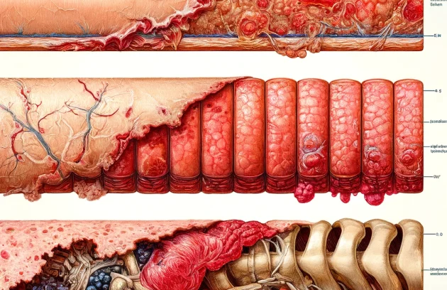 این تصویر پزشکی دقیق انواع مختلف زخم‌های سوختگی را نشان می‌دهد. تصویر شامل: سوختگی درجه یک: با قرمزی در لایه بیرونی پوست. سوختگی درجه دوم: با تاول و آسیب‌های عمیق‌تر. سوختگی درجه سوم: با آسیب گسترده به بافت‌های عمیق‌تر، عضلات و احتمالا استخوان‌ها.