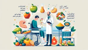 تصویر آموزشی از نقش تغذیه در بهبود و درمان زخم بستر شامل غذاهای سالم و مشاوره تغذیه توسط یک متخصص در کلینیک زخم پاشنه تهران.