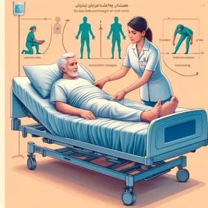 تصویری از تغییرات مرتب وضعیت بدن برای پیشگیری از زخم بستر در یک کلینیک. بیمار در تخت بیمارستان دراز کشیده و پرستاری در حال کمک به تغییر وضعیت بیمار است. نمودارهایی که وضعیت‌های مختلف بدن را نشان می‌دهند نیز دیده می‌شوند. نام کلینیک "کلینیک زخم پاشنه تهران" بر روی لباس پرستار نوشته شده است.