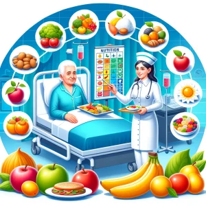تصویری از نقش تغذیه در پیشگیری از زخم بستر. بیمار در تخت بیمارستان دراز کشیده و پرستاری در حال ارائه یک وعده غذایی مغذی است. نموداری از غذاهای سالم نیز دیده می‌شود. نام کلینیک "کلینیک زخم پاشنه تهران" بر روی سینی غذا نوشته شده است.