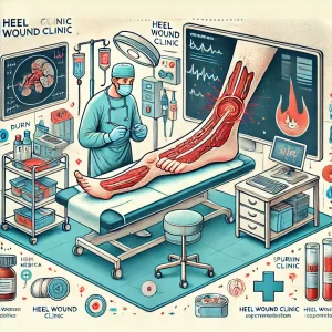 تصویر کلینیک زخم پاشنه با متخصصی که به درمان سوختگی زخم بیمار مشغول است، با تجهیزات پزشکی و محیطی آرام و استریل.