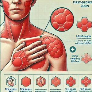 تصویر سوختگی درجه یک بر روی پوست انسان، با قرمزی و تورم خفیف بدون تاول.