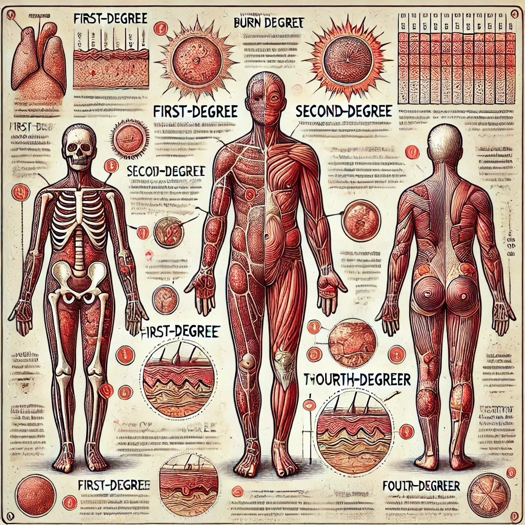 تصویر انواع زخم‌های سوختگی و طبقه‌بندی آنها، شامل سوختگی درجه اول، دوم، سوم و چهارم با نمایش تفاوت‌ها در عمق آسیب به پوست.