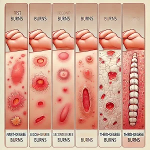 تصویری از انواع زخم‌های سوختگی شامل سوختگی‌های درجه یک (قرمز و خفیف)، درجه دو (تاول و قرمزی شدیدتر) و درجه سه (سفید، سوخته و عمیق) با برچسب‌های واضح.