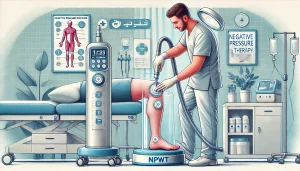 درمان زخم با فشار منفی (NPWT). تصویر یک متخصص پزشکی را نشان می‌دهد که دستگاه NPWT را روی زخم پای بیمار اعمال می‌کند. دستگاه شامل پمپ و پانسمان به وضوح قابل مشاهده است.