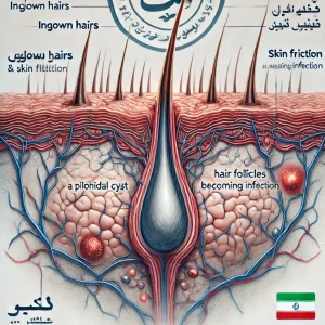 تصویری از علل ایجاد کیست پیلونیدال مانند موهای رشد کرده به داخل، عفونت و اصطکاک پوست در ناحیه پایین کمر.