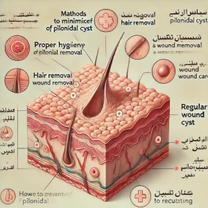 تصویر پزشکی نشان‌دهنده روش‌های پیشگیری از عود و زخم کیست مویی، شامل بهداشت مناسب، حذف مو و مراقبت‌های منظم زخم.
