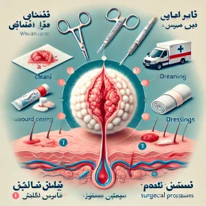 تصویر پزشکی مراحل درمان زخم کیست پیلونیدال را، شامل تمیز کردن، تخلیه، پانسمان و جراحی، نشان می‌دهد.