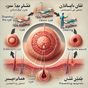 تصویر پزشکی مراحل درمان کیست پیلونیدال را شامل تخلیه، تمیز کردن و جراحی، به همراه مراقبت‌های بعد از درمان در کلینیک زخم پاشنه نشان می‌دهد.