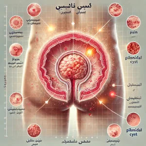 تصویر پزشکی نشان‌دهنده علائم کیست پیلونیدال، شامل التهاب، ورم، قرمزی، درد و عفونت در ناحیه کمر.