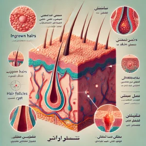 تصویر پزشکی نشان‌دهنده عوامل ایجاد کیست پیلونیدال، شامل موهای زیرپوستی، تحریک پوست و فشار در ناحیه کمر.