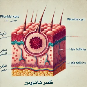 تصویر پزشکی نشان‌دهنده کیست پیلونیدال در ناحیه کمر انسان با نمایش برش مقطعی از پوست، فولیکول‌های مو، التهاب و عفونت.