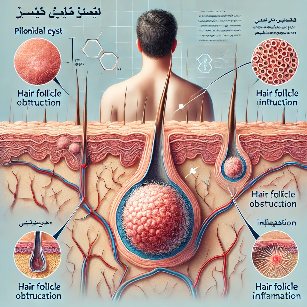 تصویر پزشکی نشان‌دهنده علل تشکیل کیست پیلونیدال در ناحیه کمر انسان با توضیحات گرافیکی از انسداد فولیکول‌های مو و التهاب.