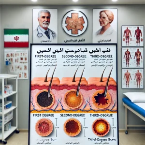 تصویر آموزشی از انواع سوختگی شامل سوختگی درجه یک، دو و سه با توضیح فارسی در کلینیک زخم پاشنه تهران