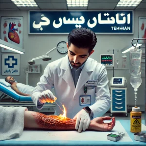 پزشک متخصص در حال درمان زخم سوختگی در کلینیک زخم پاشنه تهران