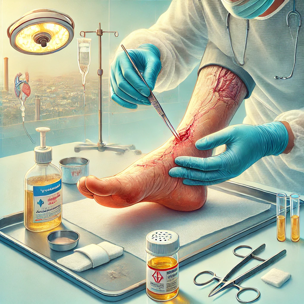 پرستار در حال استریل و ضدعفونی کردن زخم پای دیابتی با گاز استریل و محلول ضدعفونی