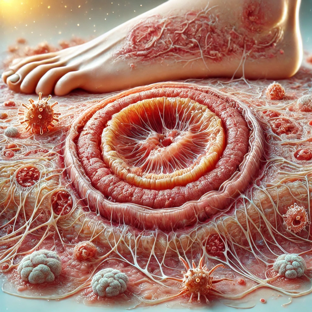 تصویر پزشکی از علت تورم زخم، شامل التهاب، تجمع مایعات و پاسخ ایمنی