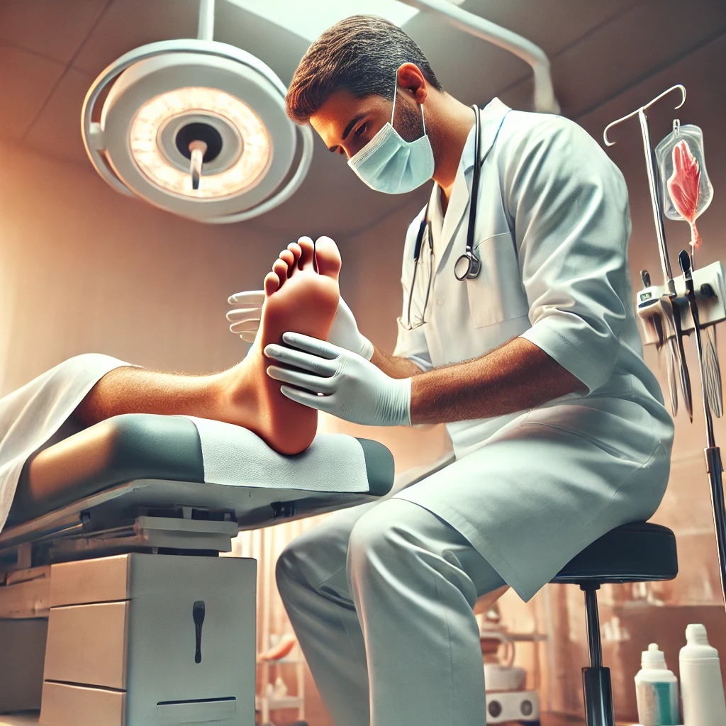معاینه پای بیمار برای پیشگیری از زخم پای دیابتی در کلینیک زخم پاشنه