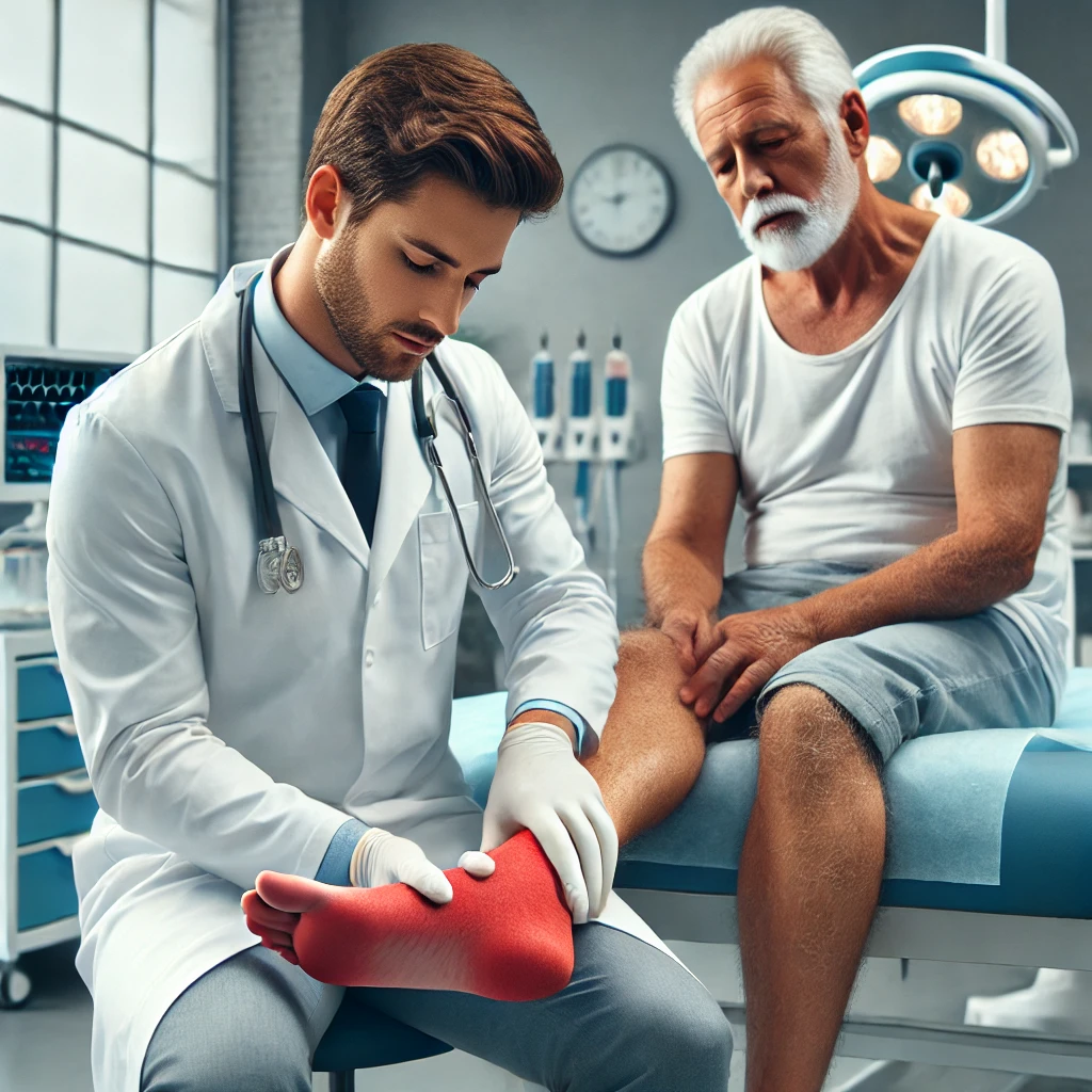 پزشک متخصص در حال معاینه پای بیمار مبتلا به نوروپاتی دیابتی در کلینیک زخم پاشنه تهران