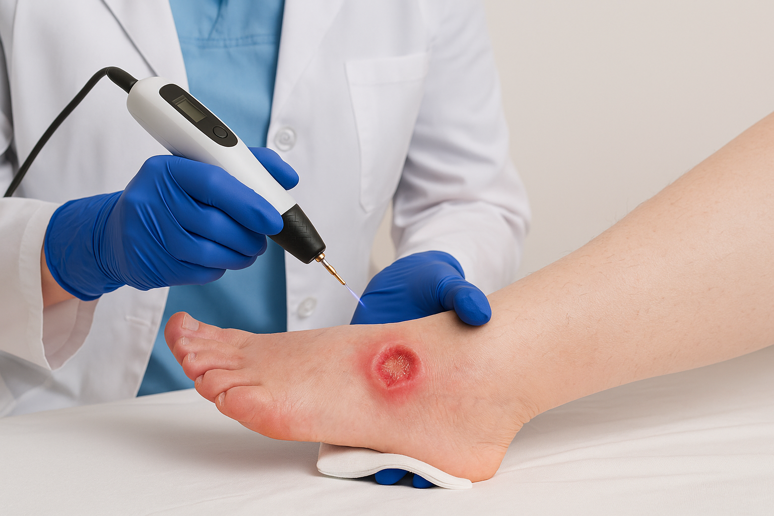 پزشک در حال انجام پلاسما تراپی بر روی زخم دیابتی در ناحیه مچ پا در کلینیک زخم پاشنه تهران