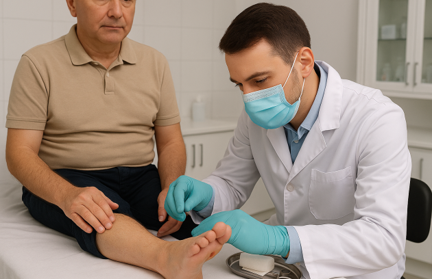 درمانگر متخصص زخم در حال پانسمان زخم پای دیابتی در کلینیک زخم پاشنه تهران