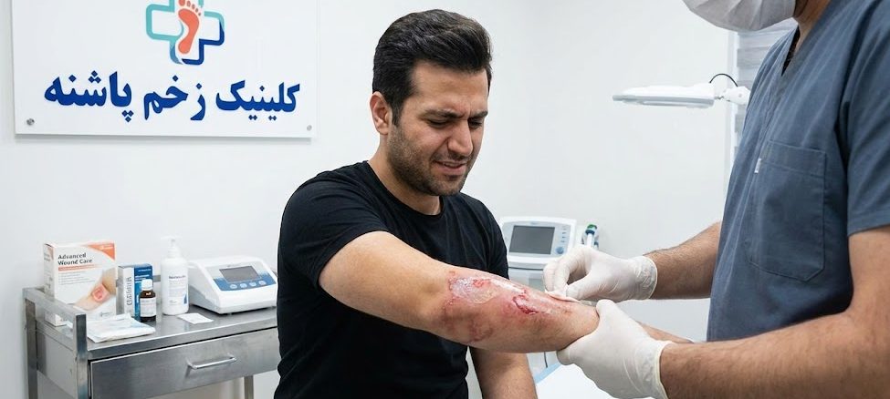 بیمار در کلینیک تخصصی زخم پاشنه در حال معاینه شدن برای تشخیص اینکه آیا جراحت دست او سوختگی درجه ۲ چیست.