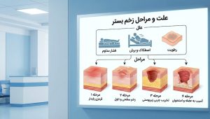 اینفوگرافیک پزشکی نشان‌دهنده فیزیولوژی، علت و مراحل زخم بستر از گرید ۱ تا ۴ روی لایه‌های مختلف پوست.
