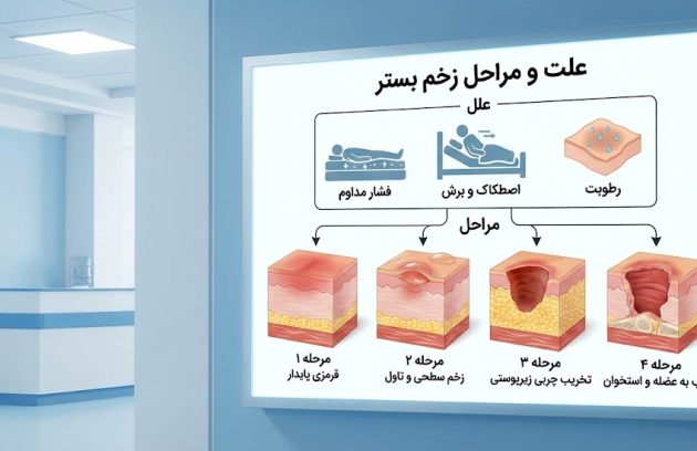 اینفوگرافیک پزشکی نشان‌دهنده فیزیولوژی، علت و مراحل زخم بستر از گرید ۱ تا ۴ روی لایه‌های مختلف پوست.