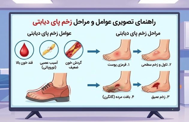 اینفوگرافیک پزشکی روی صفحه نمایش که ارتباط بین عوامل ایجادکننده (مانند قند بالا و نوروپاتی) و پیشرفت علائم و مراحل زخم پای دیابتی از قرمزی تا گانگرن را نشان می‌دهد.