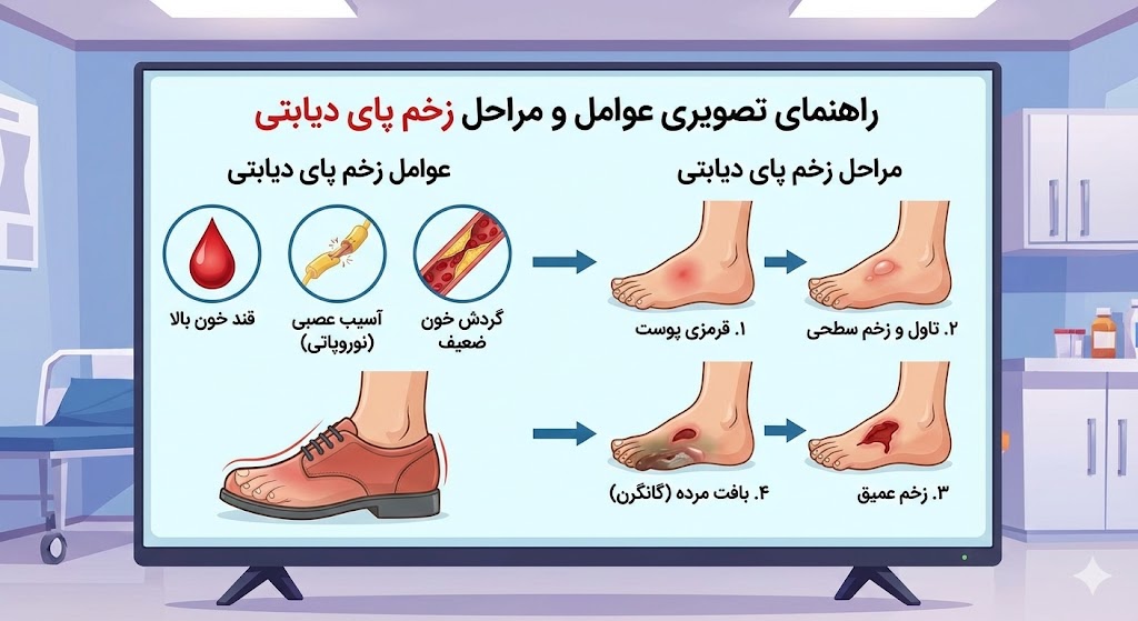 اینفوگرافیک پزشکی روی صفحه نمایش که ارتباط بین عوامل ایجادکننده (مانند قند بالا و نوروپاتی) و پیشرفت علائم و مراحل زخم پای دیابتی از قرمزی تا گانگرن را نشان میدهد.