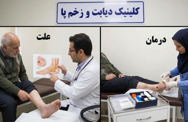 پزشک متخصص در حال انجام پانسمان و درمان زخم پای دیابت در تهران روی پای یک بیمار سالمند در داخل کلینیک تخصصی با نمایی از شهر و برج میلاد.