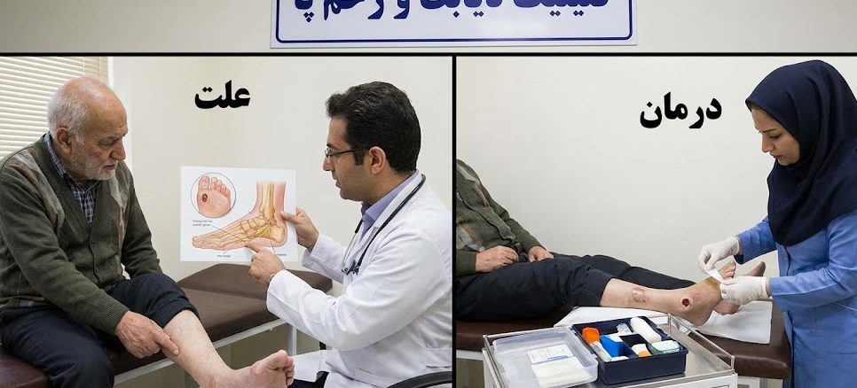 پزشک متخصص در حال انجام پانسمان و درمان زخم پای دیابت در تهران روی پای یک بیمار سالمند در داخل کلینیک تخصصی با نمایی از شهر و برج میلاد.