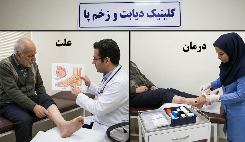 پزشک متخصص در حال انجام پانسمان و درمان زخم پای دیابت در تهران روی پای یک بیمار سالمند در داخل کلینیک تخصصی با نمایی از شهر و برج میلاد.