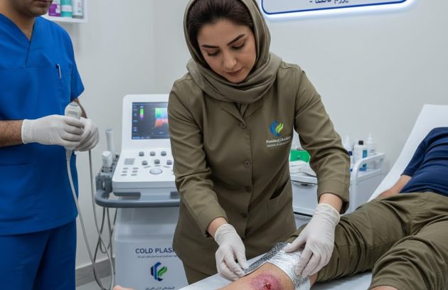 تصویر مقایسه‌ای قبل و بعد از مراحل بهبودی و بسته شدن کامل درمان زخم عروقی واریسی مزمن پا