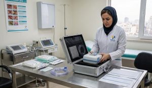پرستار کلینیک پاشنه با روپوش فرم، در حال آماده‌سازی و بسته‌بندی دستگاه وکیوم تراپی پرتابل جهت اعزام برای درمان زخم بسترهای عمیق در تهران.