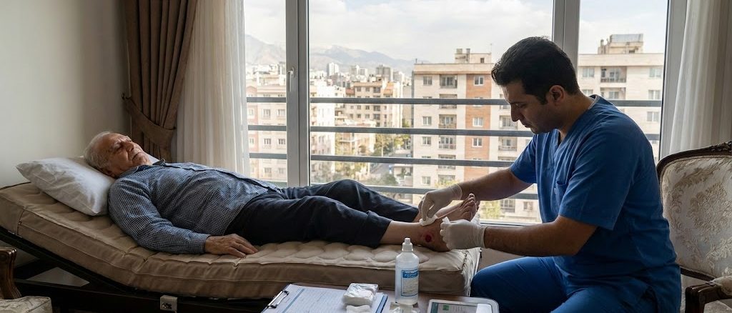 کارشناس متخصص در حال انجام پانسمان و درمان زخم بستر در منزل تهران بر روی پاشنه پای بیمار سالمند.