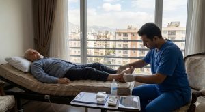 کارشناس متخصص در حال انجام پانسمان و درمان زخم بستر در منزل تهران بر روی پاشنه پای بیمار سالمند.
