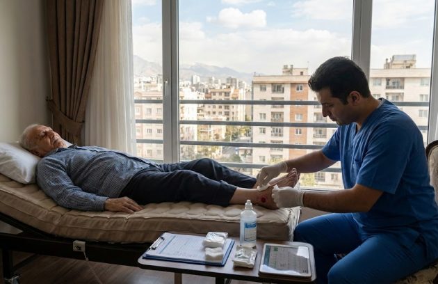 کارشناس متخصص در حال انجام پانسمان و درمان زخم بستر در منزل تهران بر روی پاشنه پای بیمار سالمند.