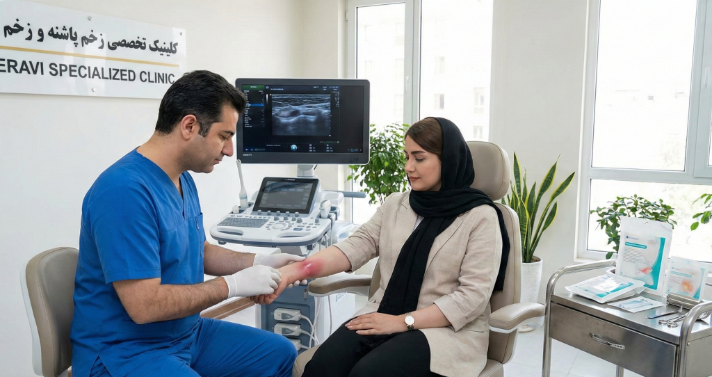 پزشک متخصص در حال معاینه بالینی و درمان آبسه پوستی در تهران روی ساعد بیمار در محیط کلینیک تخصصی زخم پاشنه تهران (درمانگاه هروی).