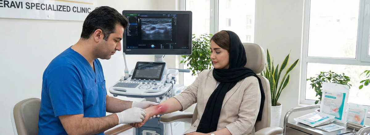 پزشک متخصص در حال معاینه بالینی و درمان آبسه پوستی در تهران روی ساعد بیمار در محیط کلینیک تخصصی زخم پاشنه تهران (درمانگاه هروی).